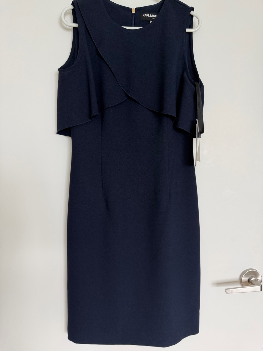 Karl Lagerfeld Navy Drape-Front Midi Sheath Dress